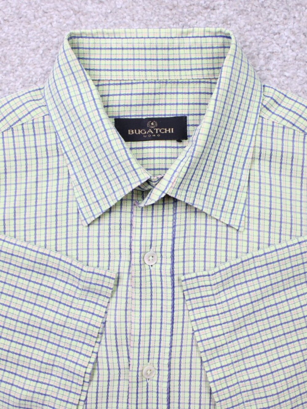 Bugatchi Uomo Shirt Mens XL Green/Blue Check Modal Rayon/Polyester Short Sleeve